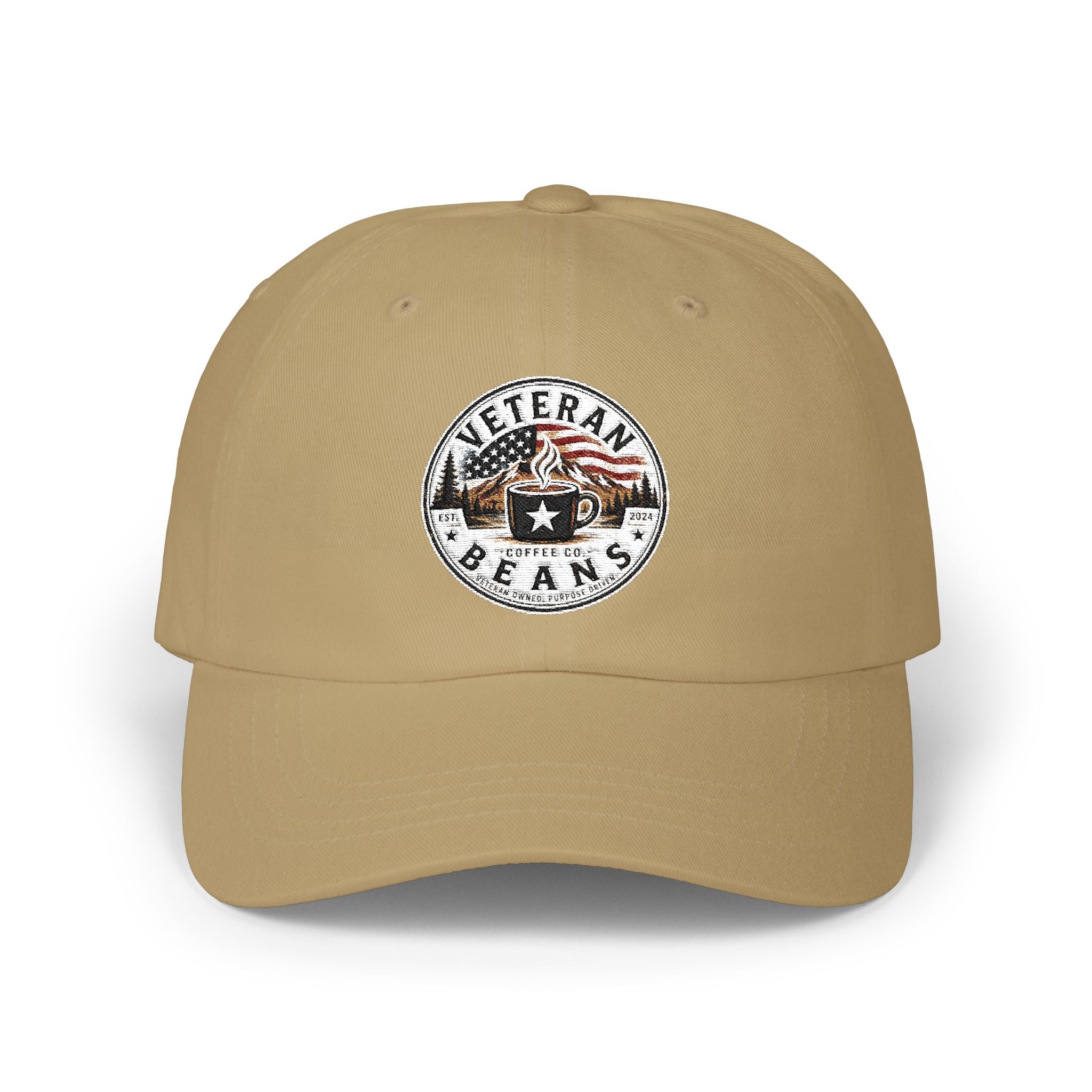 Veteran Beans Dad Cap — Vintage Coffee & Military Patch Hat with American Flag
