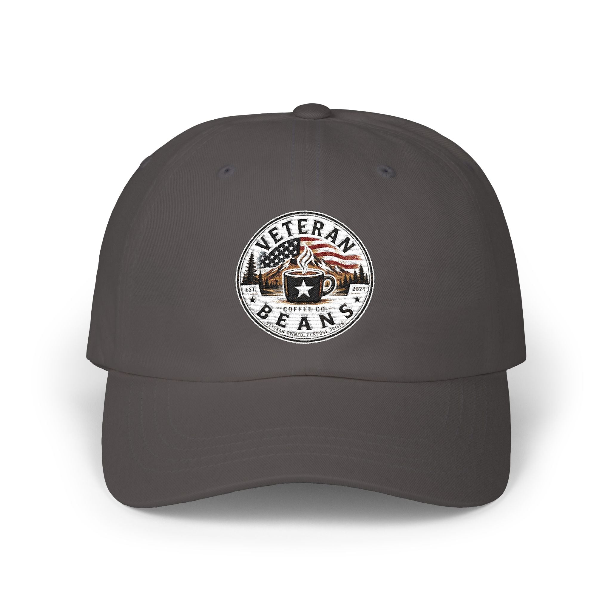 Veteran Beans Dad Cap — Vintage Coffee & Military Patch Hat with American Flag