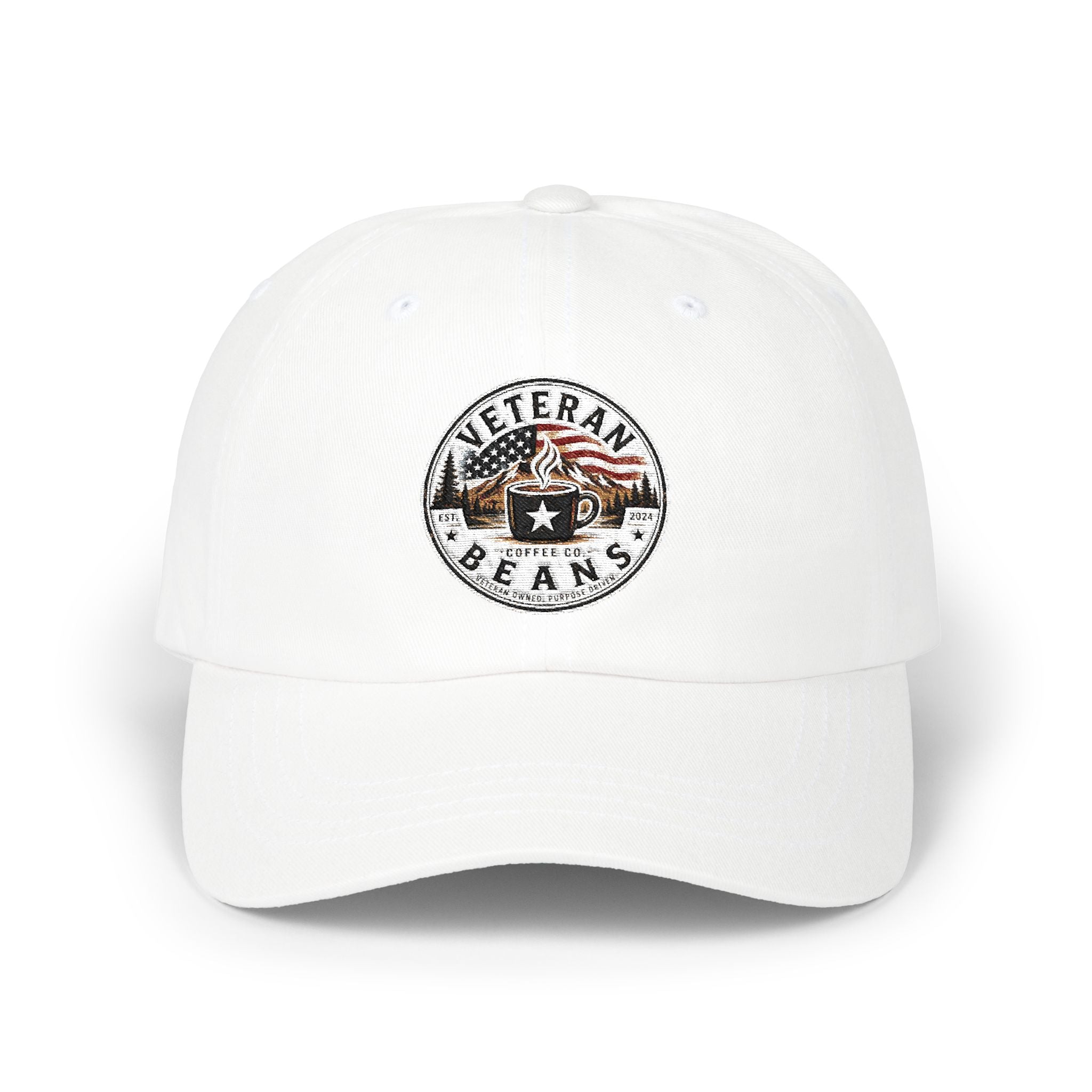 Veteran Beans Dad Cap — Vintage Coffee & Military Patch Hat with American Flag